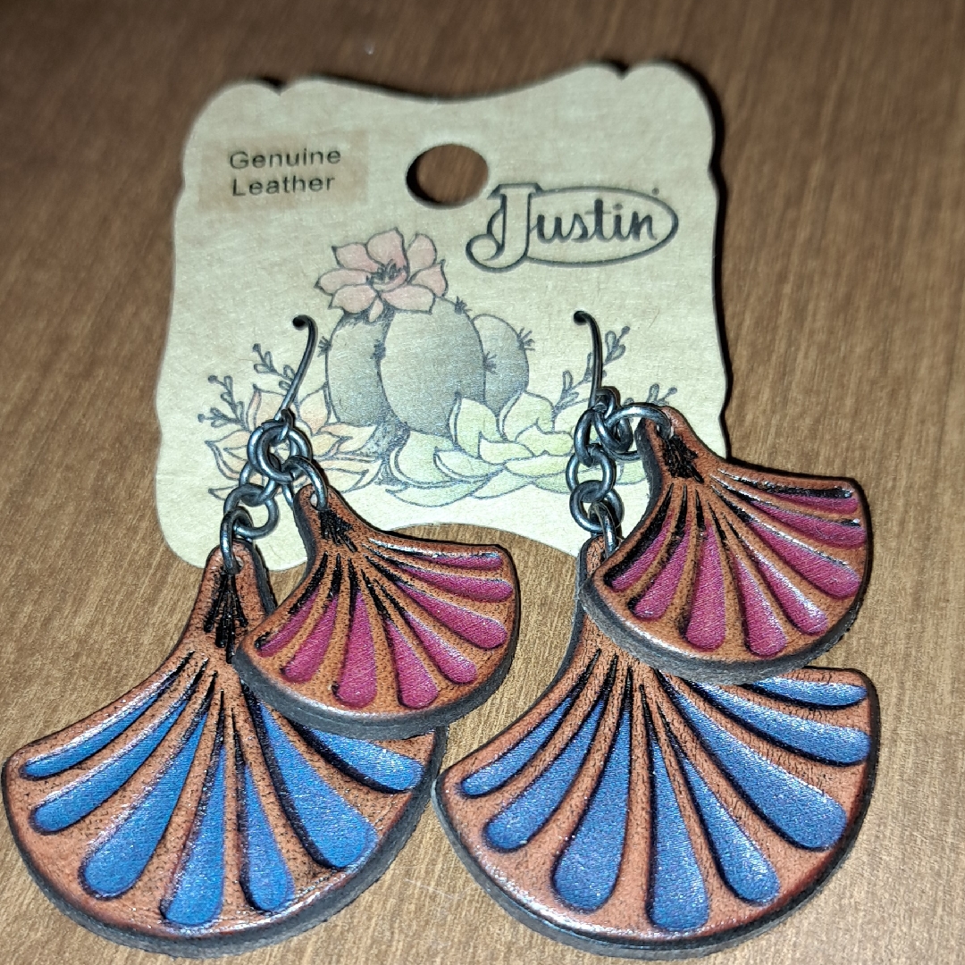 Justin Genuine Leather Earrings With Blue And Pink Accents 15$